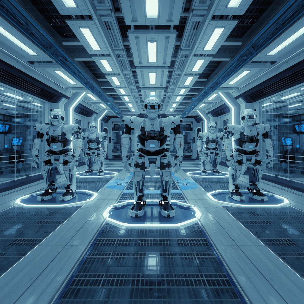 Wide shot of a futuristic robotics research and development center with multiple robotic prototypes being tested in a high-tech lab environment, blue and white lighting, clean industrial design